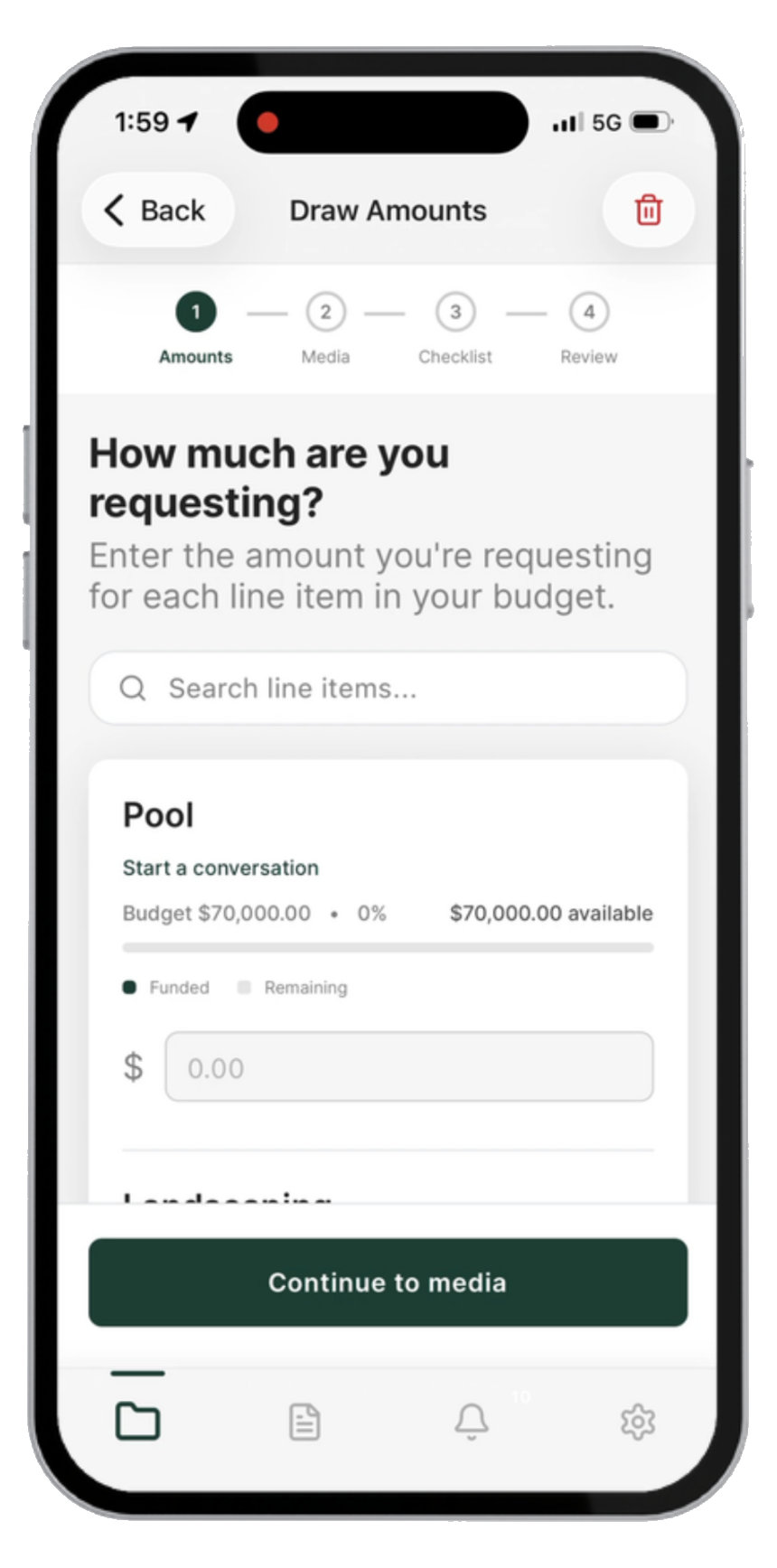 Draw Amounts screen: enter the amount you're requesting for each budget line item