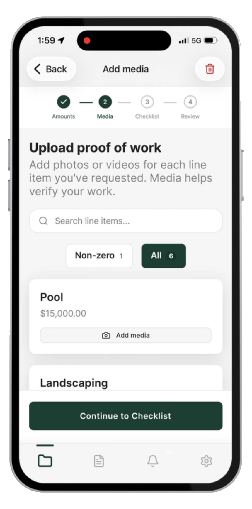 Add Media screen: upload photo or video proof of work for each line item