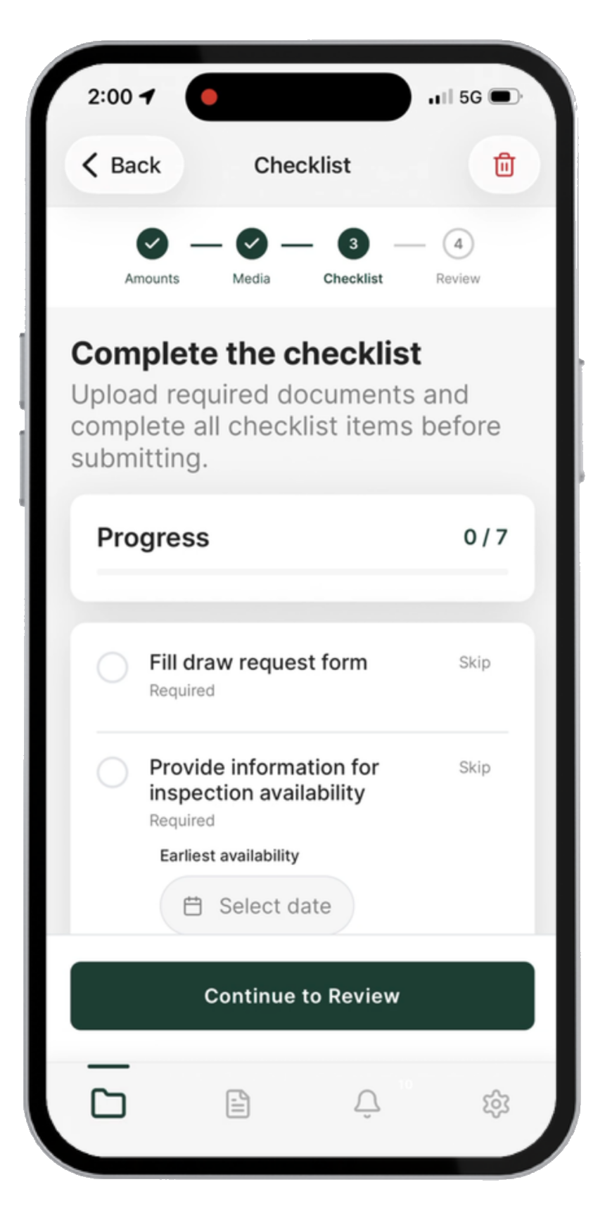 Checklist screen: complete required documents and checklist items before submitting