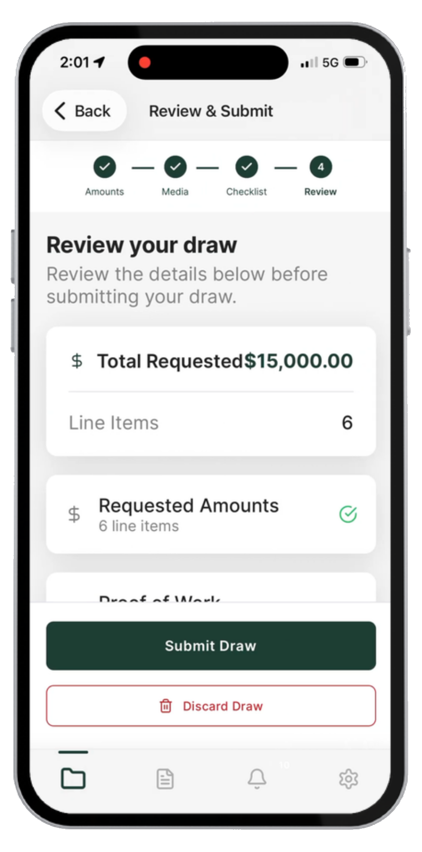 Review and Submit screen: review requested amounts and submit the draw