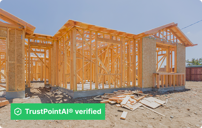 Construction job site framing with a TrustPointAI Verified badge overlay on the photo
