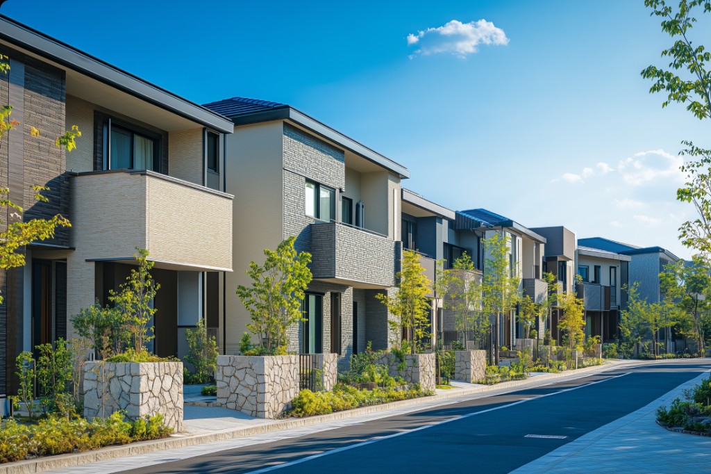Row of newly built residential homes on a sunny street